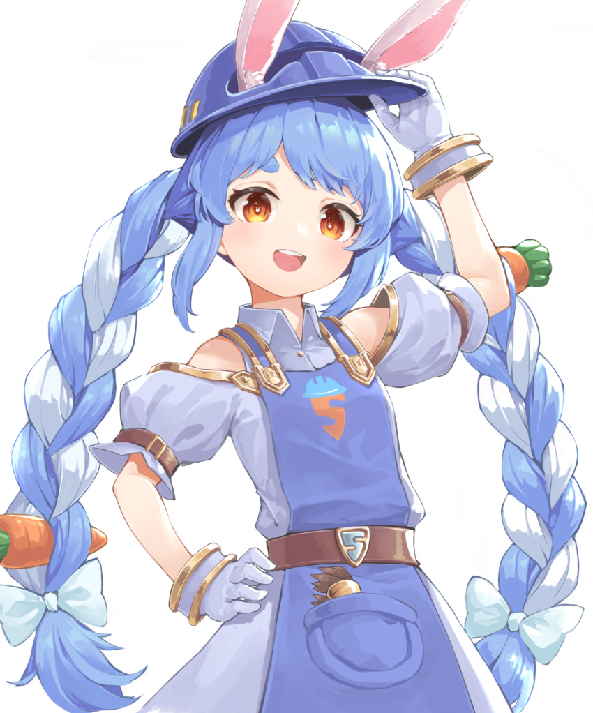 1girl animal_ear_fluff animal_ears bangs blue_dress blue_hair blush braid bunny-shaped_pupils carrot_hair_ornament carrot_print clothing_cutout collar commentary_request construction_worker dress food-themed_hair_ornament food_print gloves golden_carrot hair_ornament helmet highres hikimayu hololive long_hair multicolored_hair nano_(mianhua_maoqiu) rabbit_ears rabbit_girl short_eyebrows shoulder_cutout smile solo swept_bangs teeth thick_eyebrows twin_braids twintails two-tone_hair usada_kensetsu usada_pekora virtual_youtuber white_background white_hair