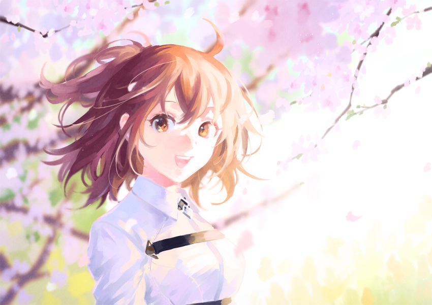 1girl :d bangs brown_eyes brown_hair cherry_blossoms collared_shirt commentary_request day fate/grand_order fate_(series) floating_hair from_side fujimaru_ritsuka_(female) hair_between_eyes highres looking_at_viewer medium_hair one_side_up open_mouth outdoors shirt smile solo uni_(nico02) upper_body upper_teeth
