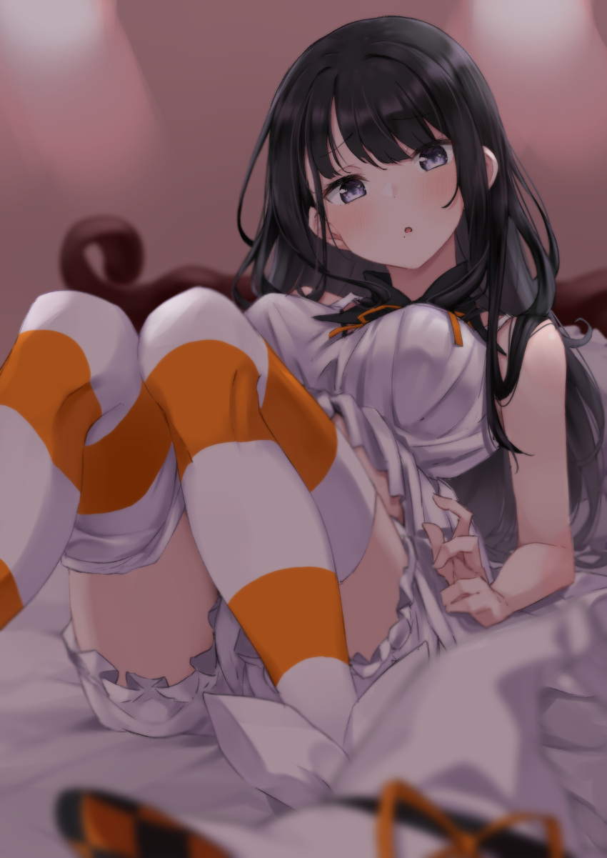 1girl absurdres bed black_hair bloomers blurry blurry_background blurry_foreground blush breasts camisole commentary cowboy_shot eyebrows_visible_through_hair hat headwear_removed highres idolmaster idolmaster_shiny_colors kazano_hiori long_hair looking_at_viewer lying medium_breasts mole mole_under_mouth on_back on_bed open_mouth orange_legwear sleeveless solo striped striped_legwear take_mawile thighs two-tone_legwear underwear violet_eyes white_camisole white_headwear white_legwear witch_hat