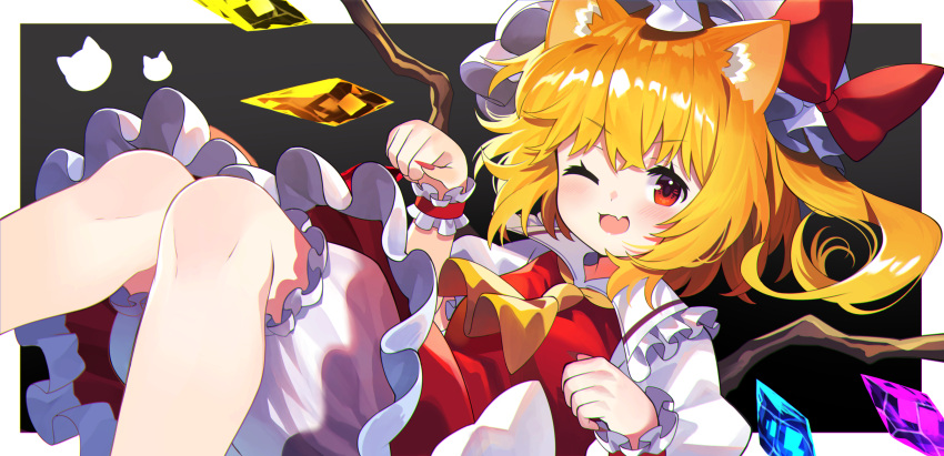 1girl ;d absurdres animal_ears ascot black_background blonde_hair bloomers border bow cat_ears clenched_hands crystal eyebrows_visible_through_hair fang fingernails flandre_scarlet hat hat_bow highres long_fingernails looking_at_viewer medium_hair mob_cap one_eye_closed open_mouth puffy_short_sleeves puffy_sleeves red_bow red_eyes red_nails short_sleeves side_ponytail simple_background skin_fang smile solo touhou underwear white_border white_headwear wings yellow_neckwear yuujin_(yuzinn333)