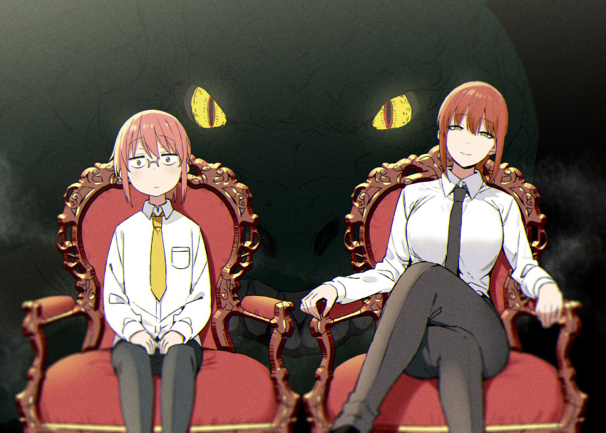 2girls bangs black_neckwear black_pants breasts chainsaw_man collared_shirt crossed_legs crossover dragon duplicate expressionless eyebrows_visible_through_hair glasses glowing glowing_eyes hands_on_own_thighs highres kobayashi-san_chi_no_maidragon kobayashi_(maidragon) large_breasts leaning_to_the_side look-alike makima_(chainsaw_man) multiple_girls necktie pants pixel-perfect_duplicate red_eyes redhead shirt sitting sky-freedom smile tohru_(dragon)_(maidragon) tohru_(maidragon) white_shirt yellow_eyes yellow_neckwear