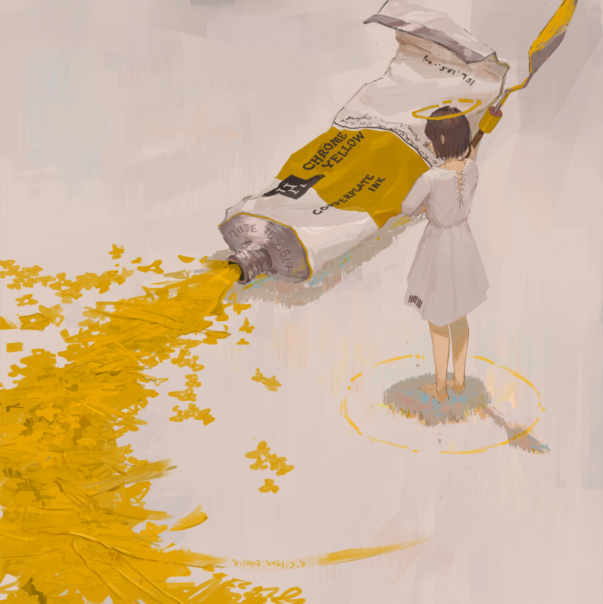 1girl artist_name barcode barefoot brown_hair dated dress english_text from_behind halo highres holding holding_knife knife original paint paint_splatter paint_tube shadow short_hair solo standing white_dress xilmo