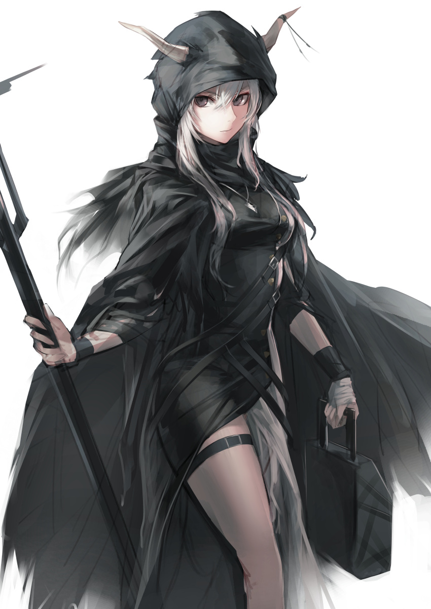 1girl absurdres arknights black_cloak black_dress black_eyes breasts case cloak closed_mouth commentary cowboy_shot demon_horns dress expressionless hair_between_eyes highres holding holding_staff hood hood_up hooded_cloak horns jewelry long_hair looking_at_viewer medium_breasts necklace shining_(arknights) silver_hair simple_background solo staff strap t800 thigh_strap thighs white_background wrist_wrap wristband