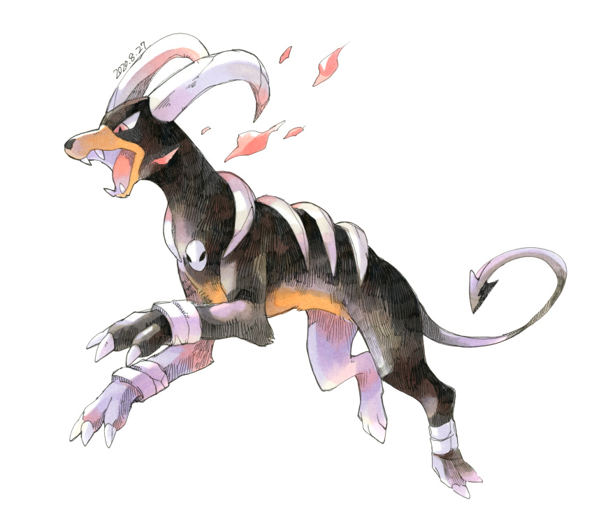 absurdres claws commentary_request dated dog fangs full_body gen_2_pokemon highres houndoom izumi_asuka no_humans open_mouth pokemon pokemon_(creature) simple_background solo tongue white_background
