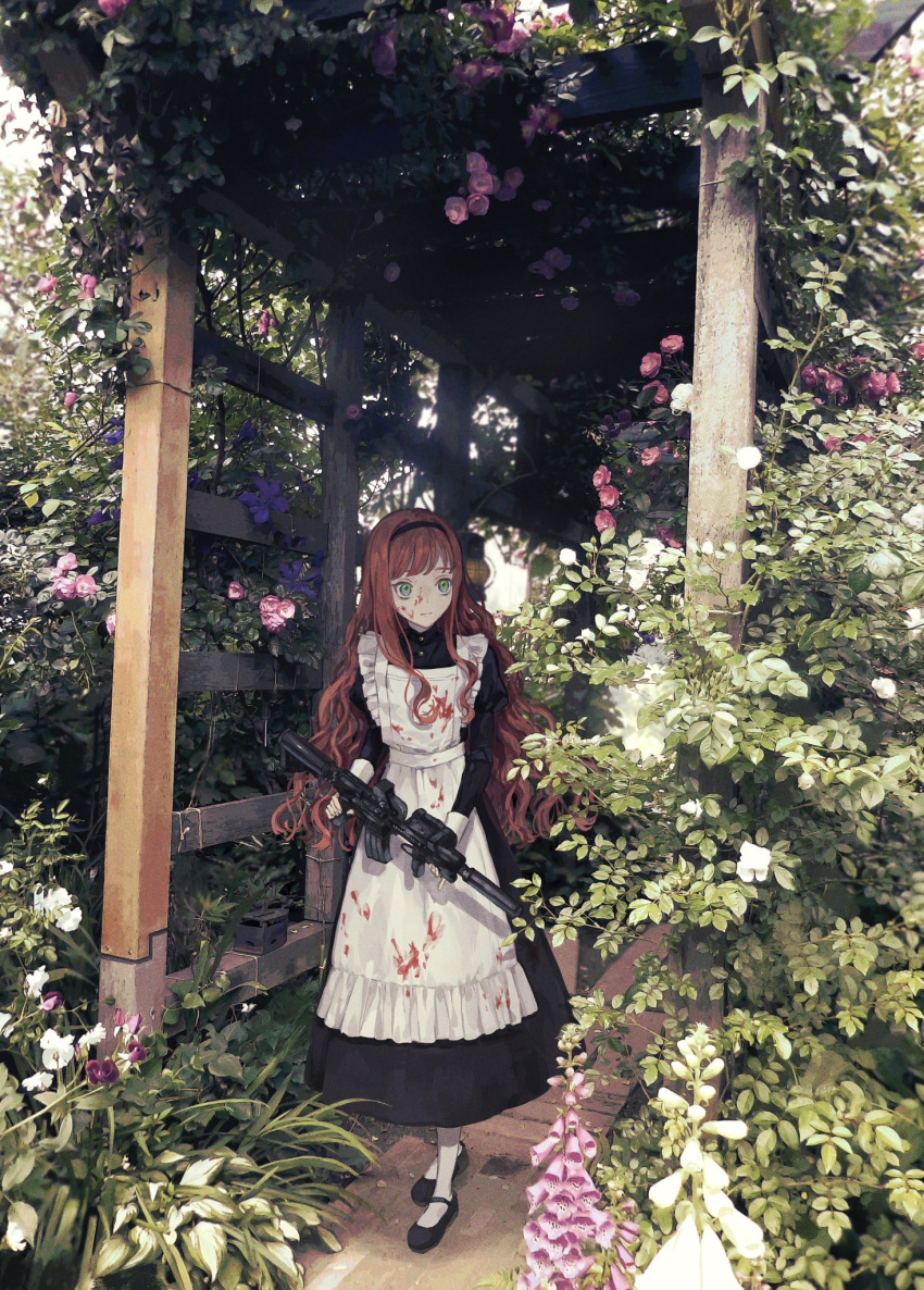 1girl apron bangs black_headband blood blood_on_face bloody_clothes blurry blurry_background closed_mouth commentary_request day flower frills garden green_eyes gun headband highres holding holding_gun holding_weapon juliet_sleeves lamp long_hair long_sleeves maid maid_apron nashiko_(nanaju_ko) orange_hair original outdoors pink_flower plant puffy_sleeves skirt solo standing victorian_maid vines wavy_hair weapon white_legwear