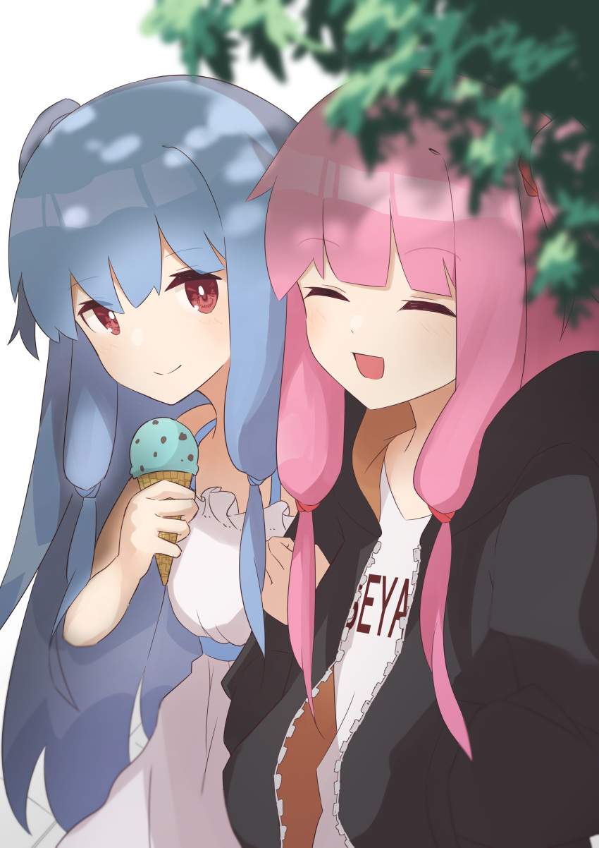 2girls absurdres arm_hug bangs bare_shoulders black_jacket blue_hair blunt_bangs chocolate_mint_ice_cream closed_eyes commentary dappled_sunlight dress highres ice_cream_cone jacket kashisuover kotonoha_akane kotonoha_aoi long_hair looking_at_viewer multiple_girls open_mouth red_eyes romaji_text shirt siblings side_ponytail sidelocks sisters smile sundress sunlight tree upper_body very_long_hair voiceroid white_background white_dress white_shirt