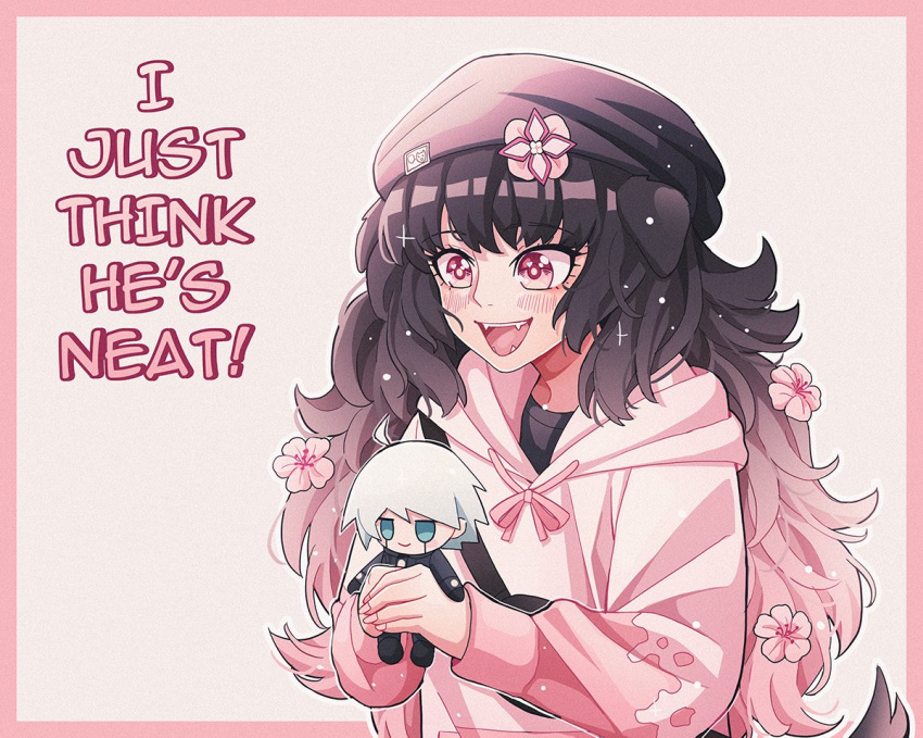 1girl :d animal_ears bangs black_hair black_headwear blush border character_doll cheer_(cheer) cheer_(cheerkitty14) dangan_ronpa_(series) dangan_ronpa_v3:_killing_harmony dog_ears dog_tail english_commentary english_text eyebrows_visible_through_hair fangs flower grey_background grey_hair hair_flower hair_ornament happy holding hood hood_down hoodie keebo long_hair long_sleeves looking_at_viewer multicolored_hair open_mouth original pink_border pink_eyes pink_headwear pink_hoodie smile solo tail the_simpsons upper_body white_hoodie