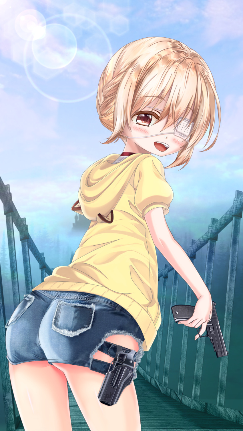 1girl animal_hood ass bandages bangs blonde_hair blush child clouds cloudy_sky commentary_request day eyepatch gun handgun highres holding holding_gun holding_weapon holster hood hood_down hoodie looking_at_viewer looking_back official_art original pistol short_hair short_shorts short_sleeves shorts sidelocks sky smile weapon wooden_bridge yuzu_project