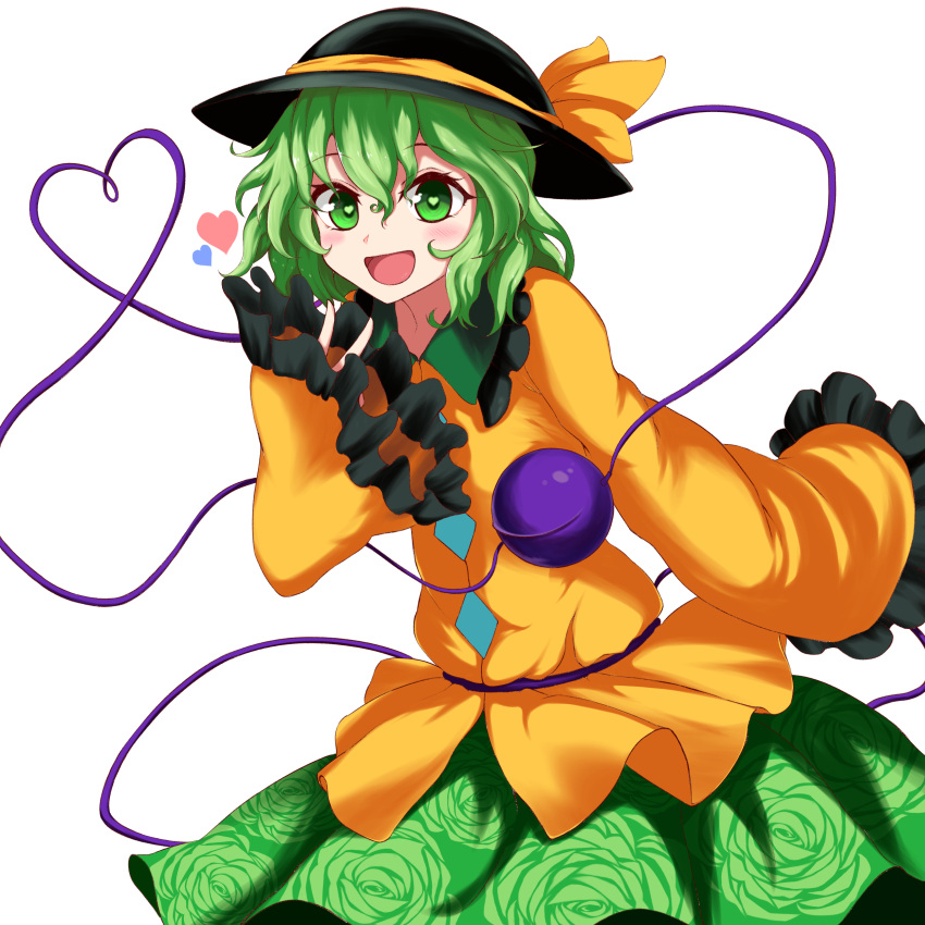 1girl absurdres bangs black_headwear blouse blush bow collar crystal eyebrows_visible_through_hair floral_print flower frills green_collar green_eyes green_flower green_hair green_rose green_skirt hair_between_eyes hand_up hat hat_bow heart heart-shaped_pupils highres komeiji_koishi long_sleeves looking_at_viewer open_mouth rose rose_print shokabatsuki simple_background skirt smile solo standing symbol-shaped_pupils third_eye touhou white_background wide_sleeves yellow_blouse yellow_bow yellow_sleeves