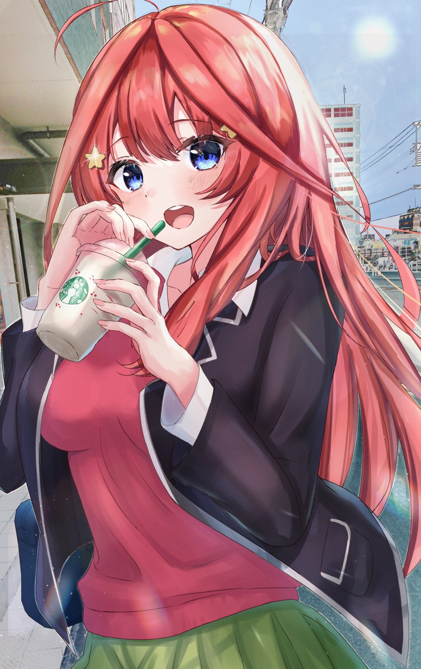1girl absurdres ahoge bag bangs black_jacket blue_eyes blurry blush bokeh breasts cardigan city coffee coffee_cup collared_shirt commentary cowboy_shot cup day depth_of_field disposable_cup eyebrows_visible_through_hair go-toubun_no_hanayome green_skirt hair_ornament highres holding holding_cup huge_filesize jacket long_hair long_sleeves looking_at_viewer nakano_itsuki open_mouth outdoors pleated_skirt rain_sunny red_cardigan redhead shirt skirt smile solo star_(symbol) star_hair_ornament starbucks sun upper_teeth white_shirt