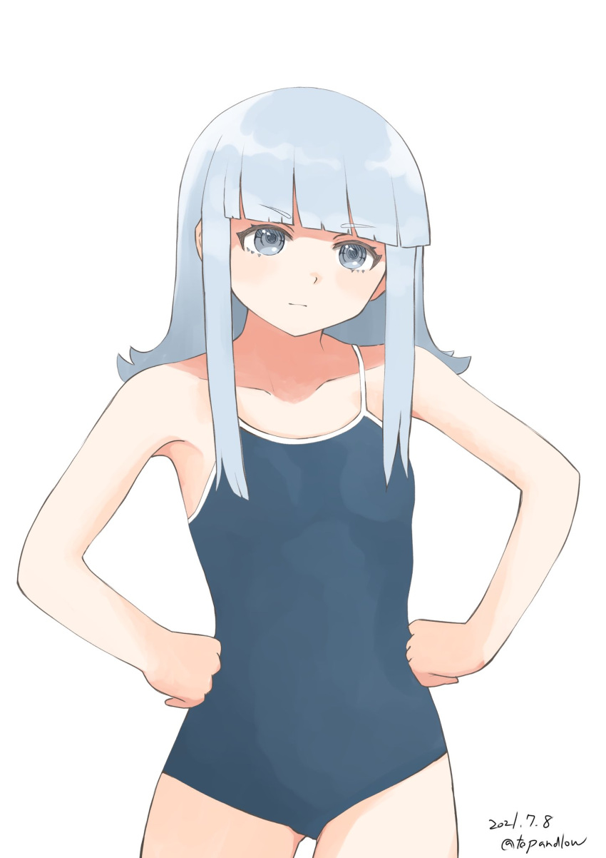 1girl bangs blue_eyes blue_hair blue_swimsuit blunt_bangs commentary_request competition_school_swimsuit cowboy_shot female hands_on_hips hatsukaze_(kancolle) highres kantai_collection looking_at_viewer one-hour_drawing_challenge school_swimsuit simple_background solo standing swimsuit toplow white_background