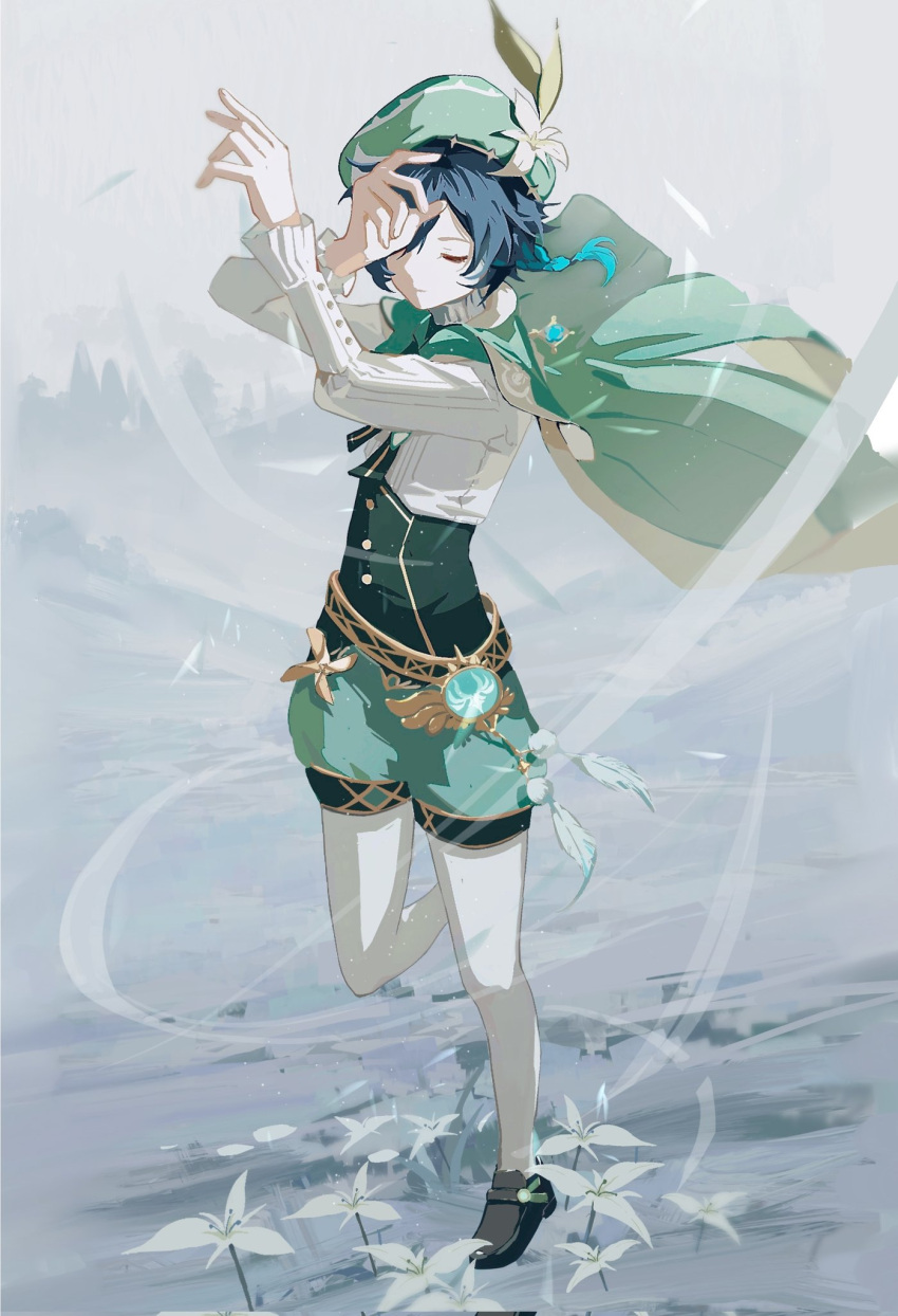 1boy androgynous arms_up bangs beret black_hair blue_hair bow braid closed_eyes closed_mouth collared_cape commentary_request corset feathers flower frilled_sleeves frills full_body genshin_impact gradient_hair green_headwear green_shorts hat hat_flower highres leaf long_sleeves male_focus multicolored_hair pantyhose pinwheel qingxin_gua_yu shirt short_hair_with_long_locks shorts sidelocks solo standing standing_on_one_leg twin_braids venti_(genshin_impact) vision_(genshin_impact) white_flower white_legwear white_shirt wind