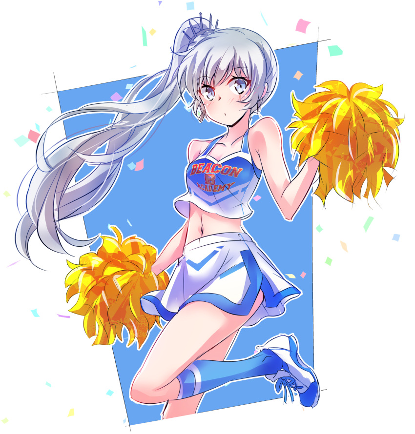 1girl bangs bare_arms bare_shoulders blue_eyes blue_legwear blush breasts cheerleader commentary_request confetti earrings english_text eyebrows_visible_through_hair glitter highres iesupa jewelry legs long_hair looking_at_viewer midriff navel pom_pom_(cheerleading) ponytail rwby scar scar_across_eye shoes side_ponytail silver_hair simple_background skirt small_breasts sneakers socks solo standing standing_on_one_leg tiara weiss_schnee white_background white_hair