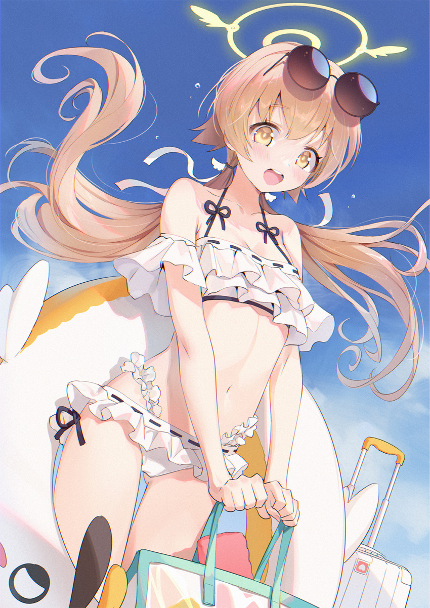 1girl bangs blonde_hair blue_archive blue_sky blush breasts eyewear_on_head halo hifumi_(blue_archive) highres long_hair looking_at_viewer low_twintails mhk_(mechamania) sky thighs twintails yellow_eyes