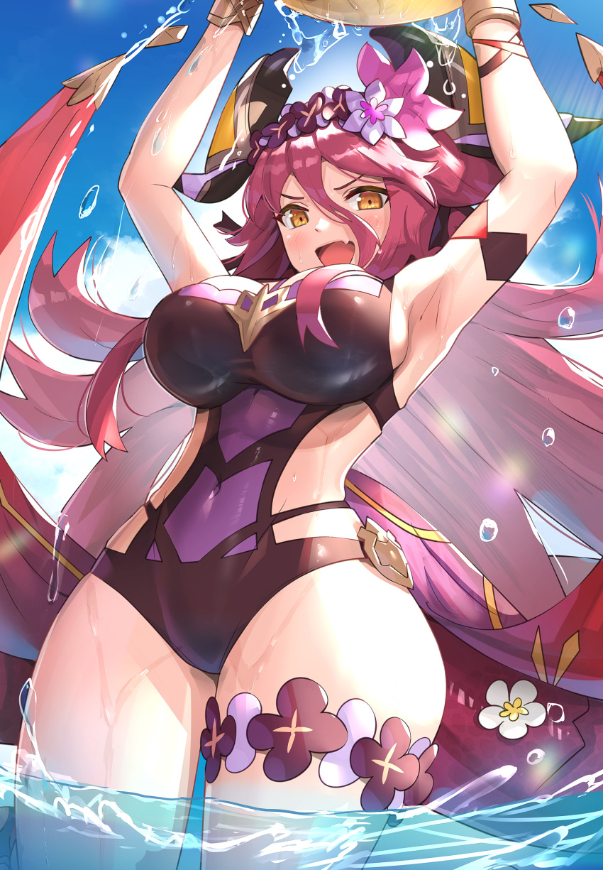 1girl :d absurdres armpits arms_up blue_sky blush breasts clouds commentary_request covered_navel cowboy_shot dragalia_lost dragon_girl fang flower from_below gonzarez hair_flower hair_ornament highres large_breasts long_hair looking_at_viewer mym_(dragalia_lost) official_alternate_costume open_mouth orange_eyes partial_commentary redhead sideboob sky smile solo swimsuit tail thighs v-shaped_eyebrows water wet