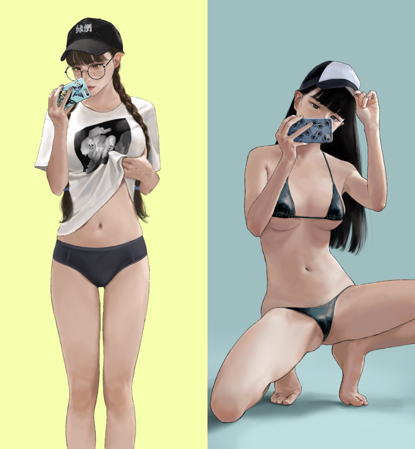 2girls adjusting_clothes adjusting_headwear bangs baseball_cap bikini black_bikini black_hair black_panties blue_background blunt_bangs blunt_ends braid breasts breasts_apart brown_hair cellphone clothes_lift freckles glasses hat highres hiramedousa long_hair medium_breasts multiple_girls navel original panties phone realistic round_eyewear self_fondle selfie shirt shirt_lift smartphone squatting standing swimsuit t-shirt twin_braids under_boob underwear white_shirt yellow_background