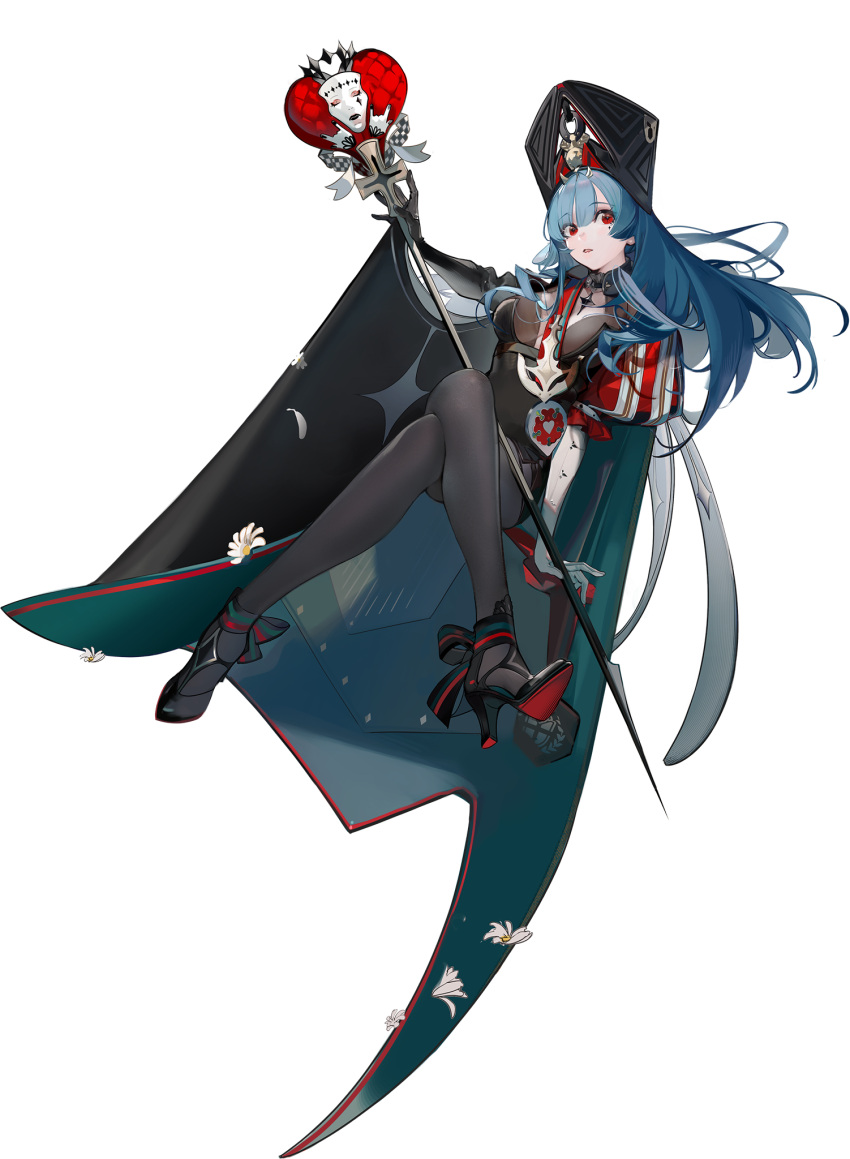 1girl ankle_bow arm_support azur_lane bangs black_legwear blue_hair bodystocking bow breasts cape center_opening crossed_legs dress eyebrows_visible_through_hair floating_hair glint gloves green_hair heart high_heels highres holding holding_staff large_breasts long_hair marco_polo_(azur_lane) mask mismatched_gloves mole mole_under_eye nineo official_art pantyhose parted_lips red_eyes rigging sitting solo staff transparent_background world_of_warships