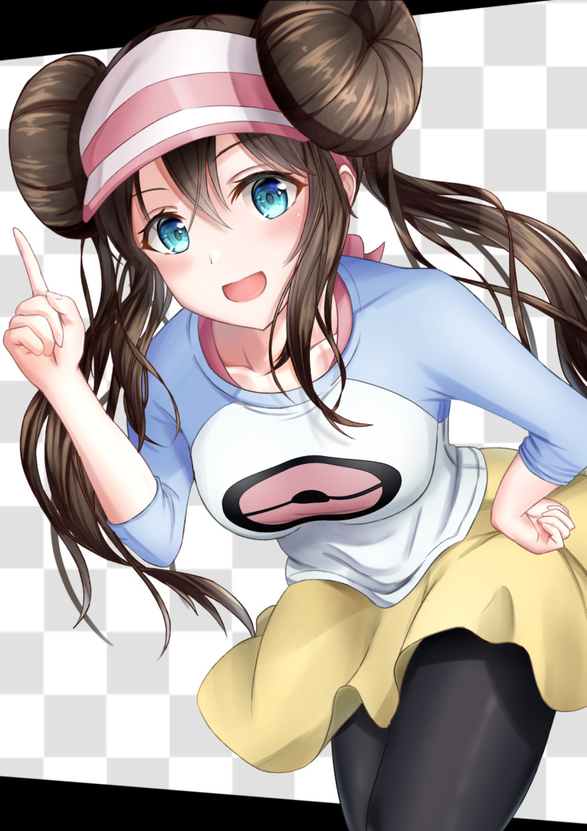 1girl bangs black_legwear blue_eyes blush breasts brown_hair checkered checkered_background collarbone commentary_request cowboy_shot double_bun hair_between_eyes hand_on_hip hand_up hat highres hiziriamane leaning_forward long_hair long_sleeves medium_breasts open_mouth pantyhose pointing pointing_up poke_ball_symbol pokemon pokemon_(game) pokemon_bw raglan_sleeves rosa_(pokemon) short_shorts shorts simple_background smile solo twintails visor_cap yellow_shorts