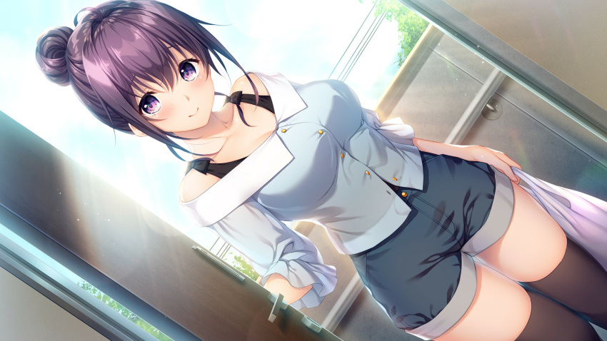 1girl ayase_hazuki bag black_pants blue_skirt blush breasts door doorway frilled_sleeves frills game_cg grocery_bag hair_bun highres large_breasts looking_at_viewer official_art open_door pants sakurazaka_yuzuki shopping_bag skirt smile solo source_request yubisaki_connection