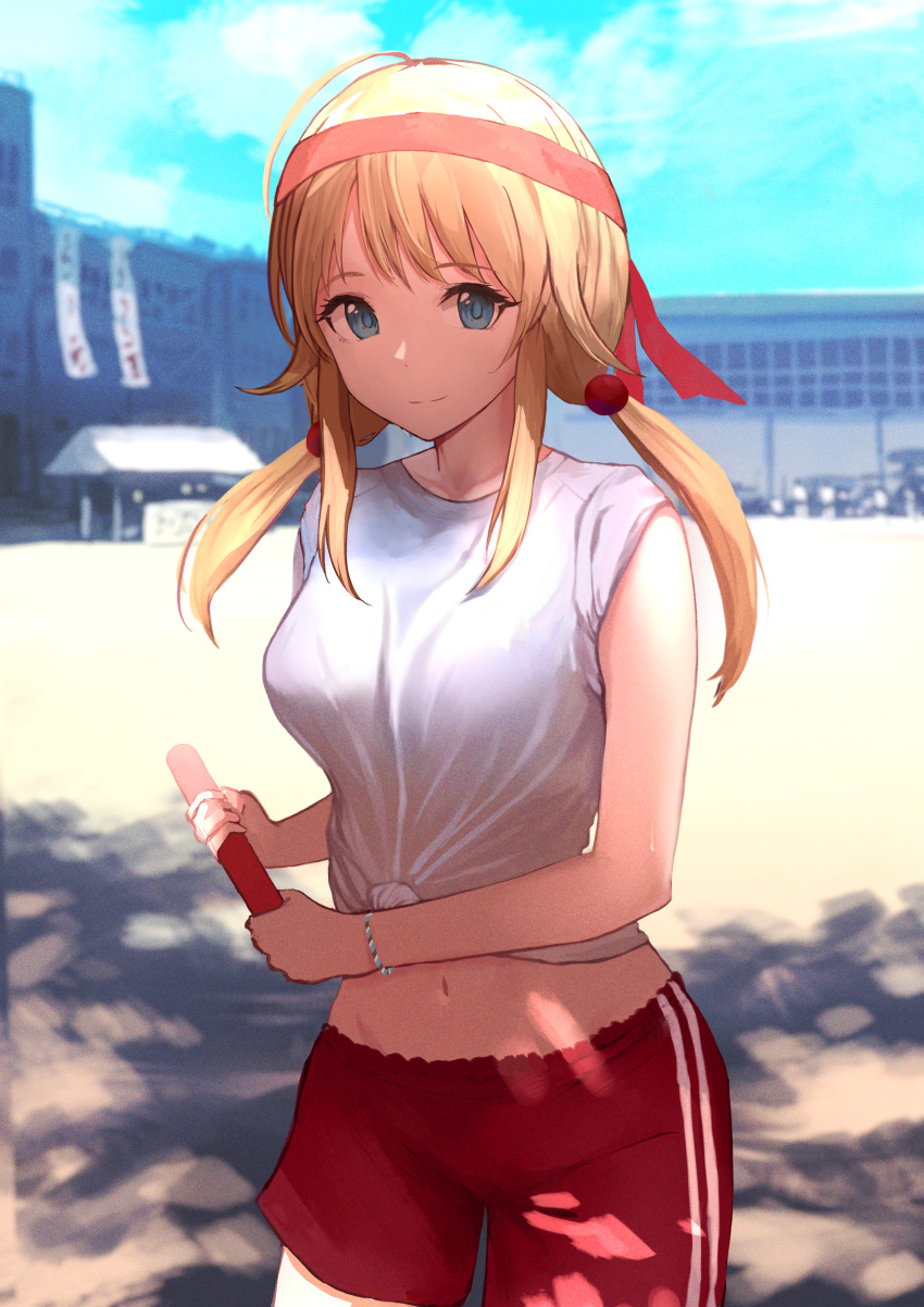 1girl absurdres ahoge baton blonde_hair blue_eyes bra_through_clothes bracelet breasts closed_mouth collarbone cowboy_shot hachimiya_meguru headband highres huge_filesize idolmaster idolmaster_shiny_colors jewelry kadomaki_madoka looking_at_viewer lowleg lowleg_shorts mask mouth_mask navel outdoors red_shorts school shade shirt shorts sidelocks sky sleeves_rolled_up smile solo surgical_mask tied_shirt twintails white_shirt