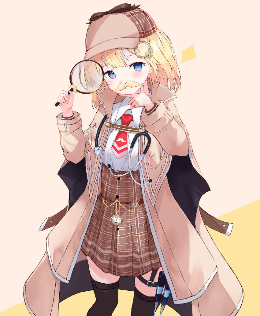 1girl absurdres bangs black_legwear blonde_hair blue_eyes blush brown_coat brown_headwear clock coat deerstalker facial_hair fake_facial_hair fake_mustache fujimaki_nora grin hair_ornament hat high-waist_skirt highres holding hololive hololive_english long_sleeves magnifying_glass medium_hair monocle_hair_ornament mustache open_mouth plaid plaid_skirt red_neckwear shirt simple_background skirt smile solo sparkle thigh-highs two-tone_background virtual_youtuber watson_amelia white_shirt