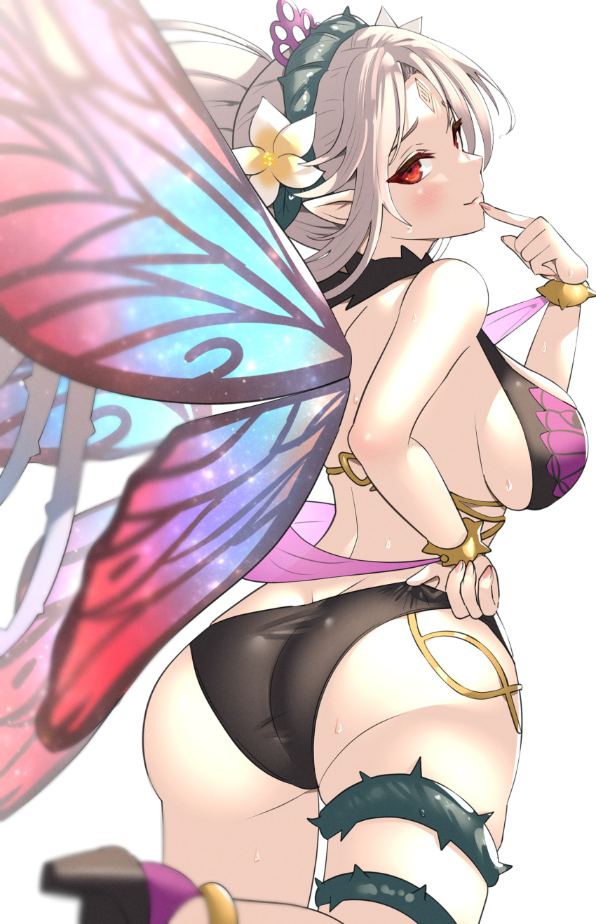 1girl absurdres adjusting_clothes adjusting_swimsuit ass bangs blush bracelet breasts commentary_request facial_mark fairy_wings fingernails fire_emblem fire_emblem_heroes flower forehead_mark from_behind gonzarez grey_hair hair_flower hair_ornament highres jewelry large_breasts leg_up lips long_hair parted_bangs plumeria_(fire_emblem) pointy_ears red_eyes simple_background solo sweat sweatdrop swimsuit thigh_strap thighs thorns tied_hair white_background wings