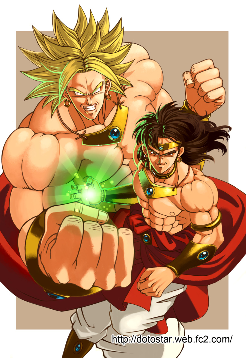 2boys black_eyes black_hair bracer broly_(dragon_ball_z) clenched_hands collar commentary_request dragon_ball dragon_ball_z dual_persona ear_piercing earrings energy green_hair grin highres hoshikawa_akira incoming_attack jewelry legendary_super_saiyan looking_at_viewer male_focus multiple_boys muscular muscular_male no_pupils piercing smile super_saiyan tiara