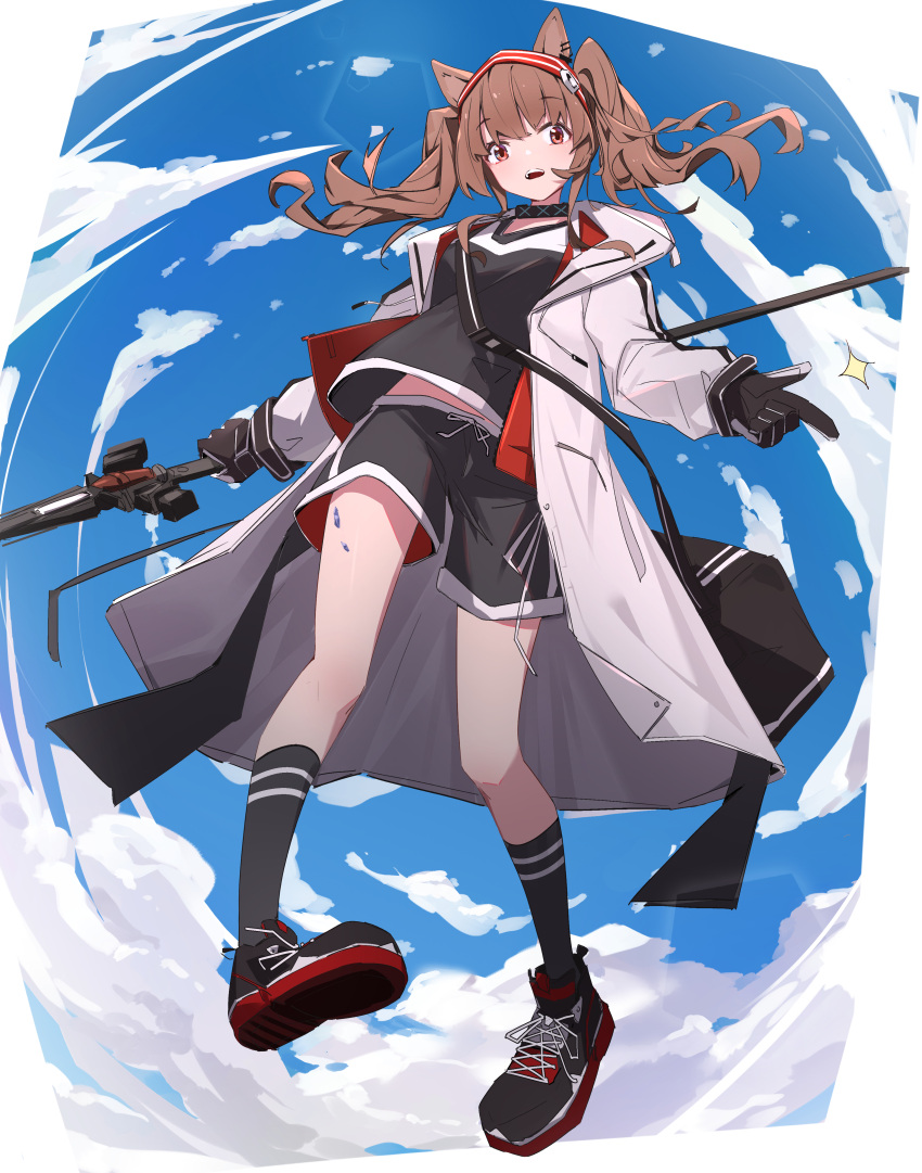 1girl absurdres angelina_(arknights) animal_ears arknights bag bare_legs black_footwear black_gloves black_shirt black_shorts blue_sky brown_hair chichi_guai clouds floating fox_ears full_body gloves hairband highres holding holding_staff index_finger_raised infection_monitor_(arknights) jacket long_hair long_sleeves midair outdoors red_eyes red_hairband red_jacket shirt shoes shorts shoulder_bag sky sneakers socks solo sparkle staff striped striped_hairband twintails white_background white_jacket