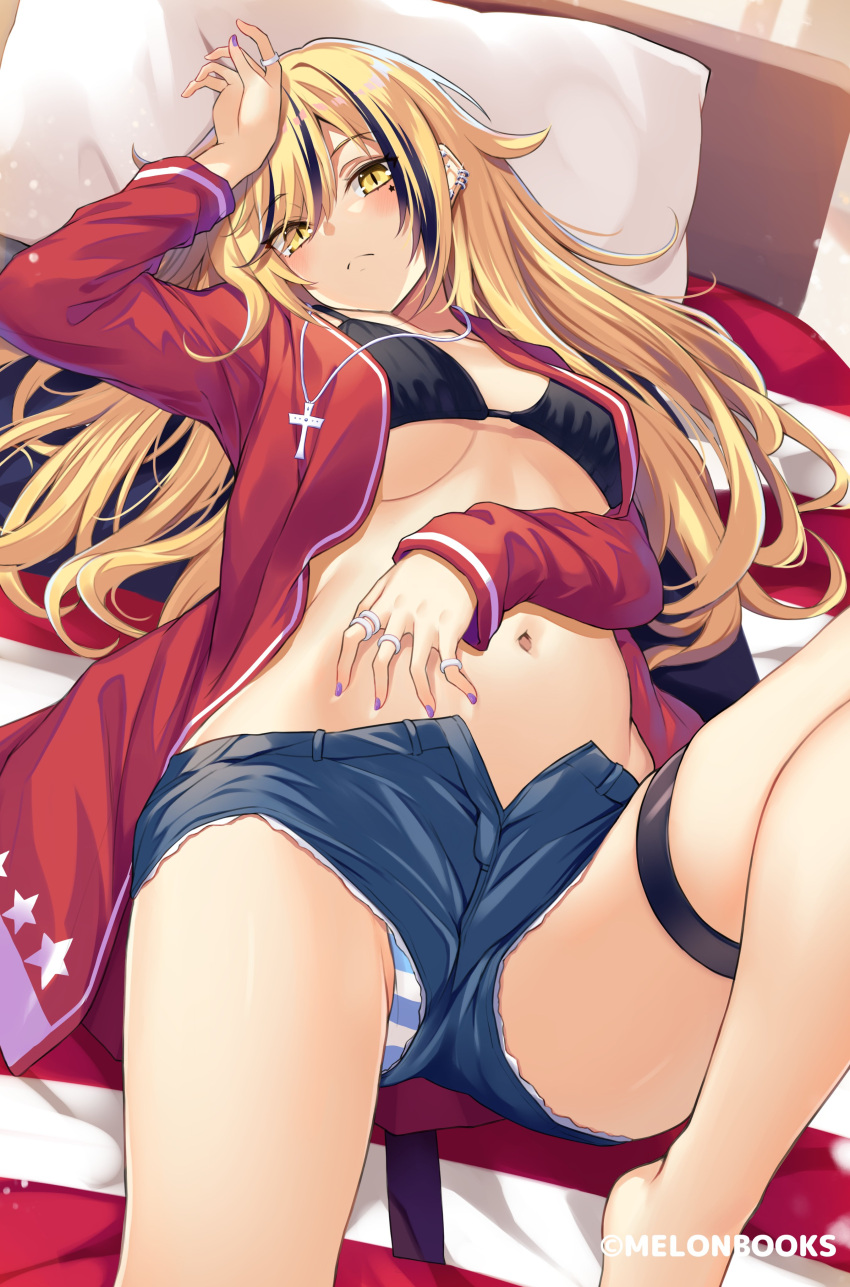 1girl absurdres arm_up barefoot bikini black_bikini blonde_hair blue_shorts breasts closed_mouth cross cross_necklace ear_piercing expressionless hand_on_own_stomach highres jacket jewelry kurebayashi_noe large_breasts long_hair long_sleeves looking_at_viewer lying mole mole_under_eye multicolored_hair multiple_rings nail_polish navel necklace on_back on_bed open_clothes open_fly open_jacket original panties panty_peek piercing pillow red_jacket ring short_shorts shorts solo stomach streaked_hair striped striped_panties swimsuit thigh_strap thighs underwear yellow_eyes
