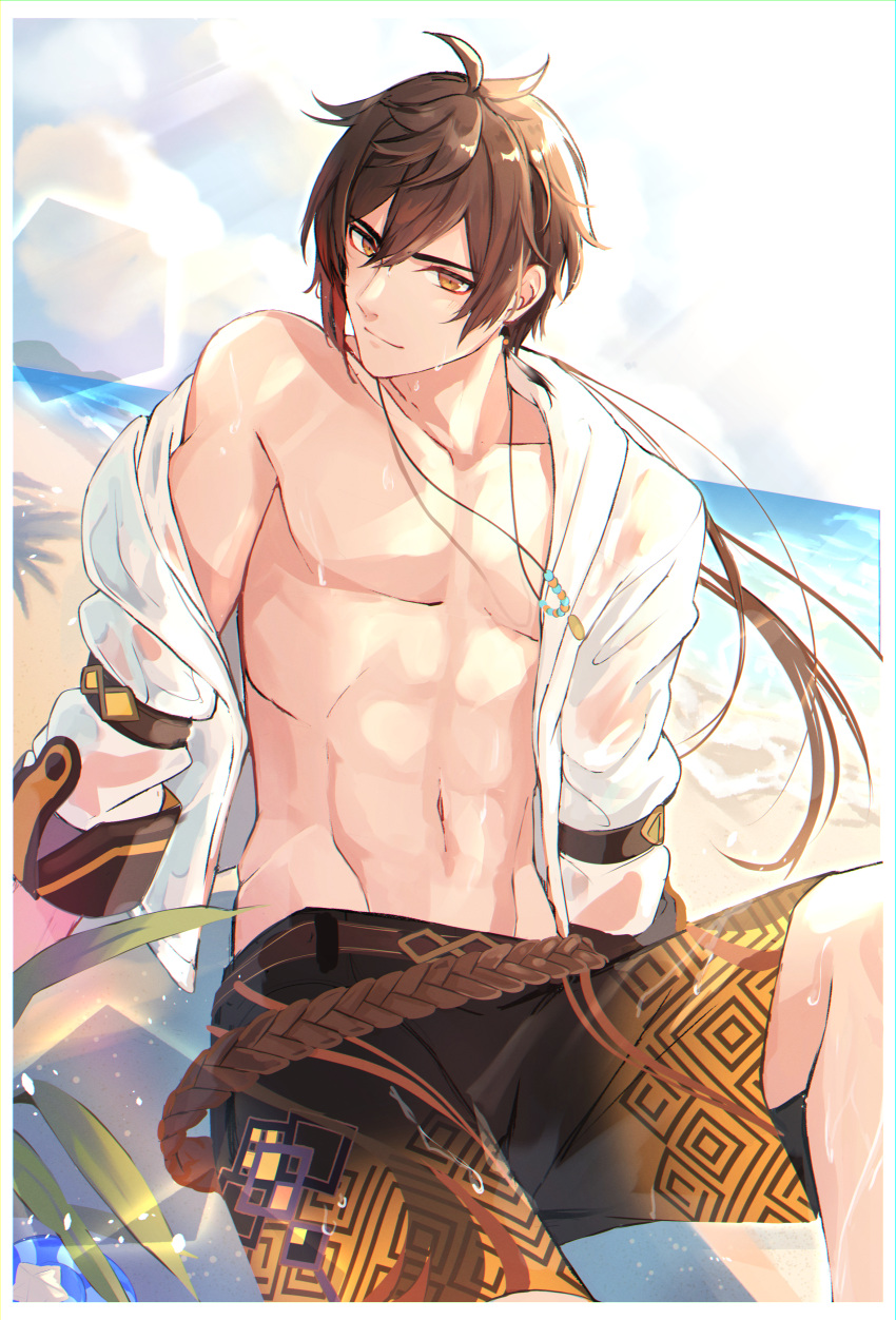 1boy abs absurdres bangs beach border brown_hair closed_mouth clouds day earrings genshin_impact goroo_(eneosu) hair_between_eyes highres huge_filesize jewelry long_hair looking_at_viewer male_focus necklace open_clothes open_shirt orange_eyes outdoors ponytail shirt shorts single_earring sitting sky solo tassel tassel_earrings wet wet_clothes white_border white_shirt zhongli_(genshin_impact)