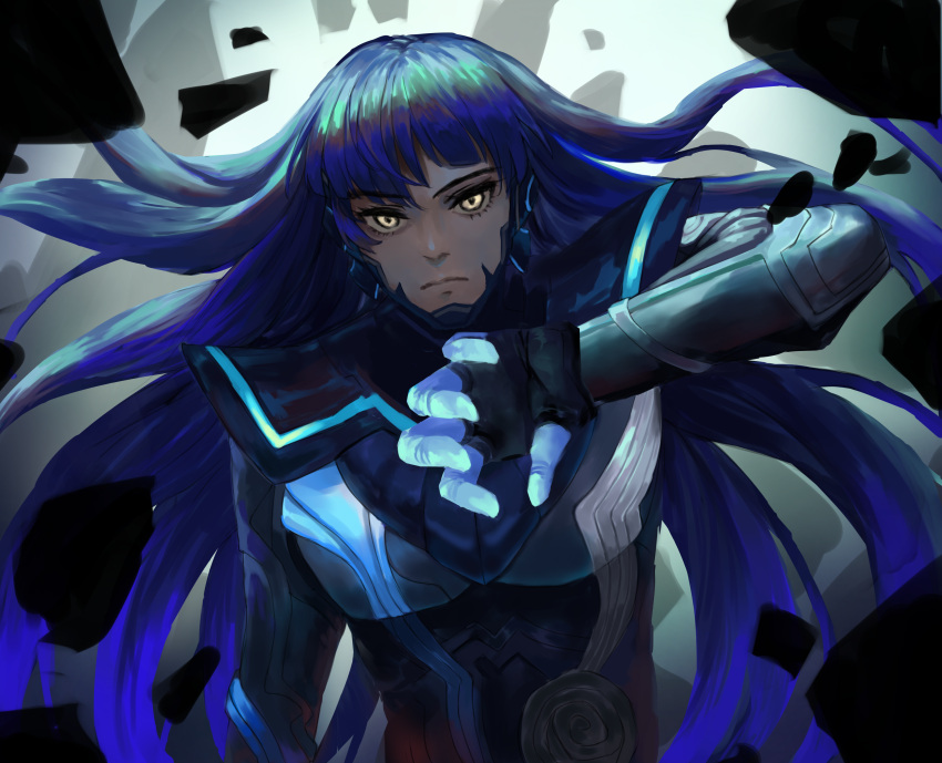 1boy absurdres androgynous armor bangs bodysuit collarbone eyelashes highres long_hair looking_at_viewer male_focus mochigana protagonist_(smtv) purple_hair shin_megami_tensei shin_megami_tensei_v simple_background smile solo very_long_hair yellow_eyes
