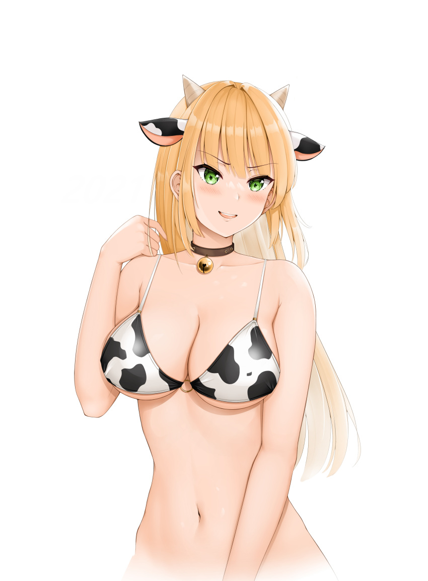 1girl absurdres animal_ears animal_print bangs bell bikini bikini_top blonde_hair blush breasts choker cow_ears cow_horns cow_print eyebrows_visible_through_hair green_eyes hand_up highres horns large_breasts long_hair looking_to_the_side navel neck_bell o-ring o-ring_bikini open_mouth original simple_background smile solo stomach swimsuit upper_body white_background yagih