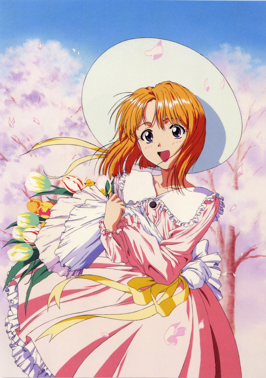 1girl :d absurdres blue_eyes blue_sky bouquet brown_hair cherry_blossoms collarbone day dress floating_hair flower flower_girl_(macross_7) hat highres holding holding_bouquet layered_dress long_sleeves macross macross_7 medium_hair official_art open_mouth outdoors pink_dress ribbon scan shiny shiny_hair sky smile solo sun_hat white_headwear yellow_flower yellow_ribbon