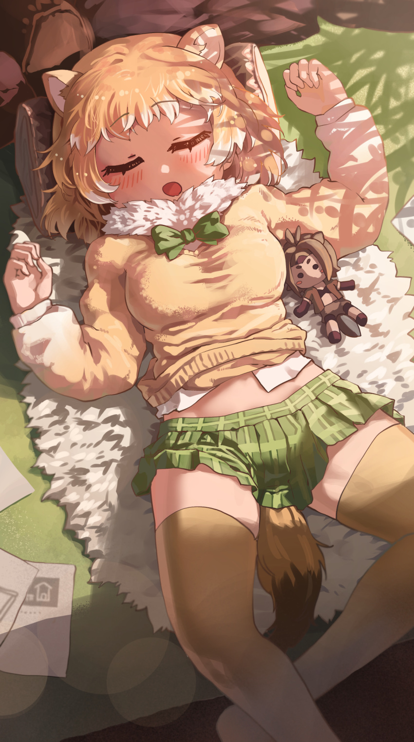 1girl american_beaver_(kemono_friends) animal_ears bangs black-tailed_prairie_dog_(kemono_friends) blonde_hair blush bow bowtie character_doll closed_eyes doll eyebrows_visible_through_hair from_above fur_collar hands_up highres indoors kemono_friends knees_apart_feet_together long_sleeves lying medium_hair melaton microskirt midriff_peek multicolored_hair on_back on_floor open_mouth pillow plaid plaid_skirt prairie_dog_ears prairie_dog_tail skirt sleeping solo stomach sweater tail thigh-highs two-tone_hair white_hair zettai_ryouiki