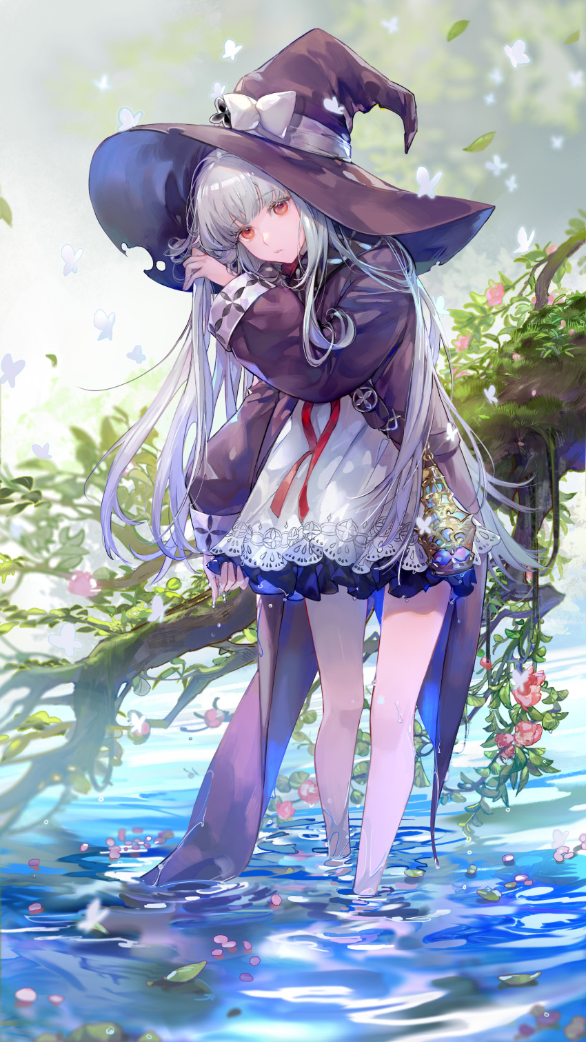 1girl absurdres bangs bug butterfly eyebrows_visible_through_hair flower hat highres insect jacket long_hair looking_at_viewer noir_(ibaraki) orange_eyes petals revived_witch silver_hair solo wading witch_hat