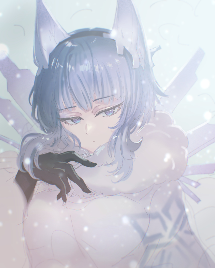 1girl bangs black_gloves blue_eyes blue_hair cape capelet expressionless eyebrows_visible_through_hair feh_xeri fire_emblem fire_emblem_heroes fur_trim gloves hair_ornament highres nifl_(fire_emblem) short_hair snow solo upper_body