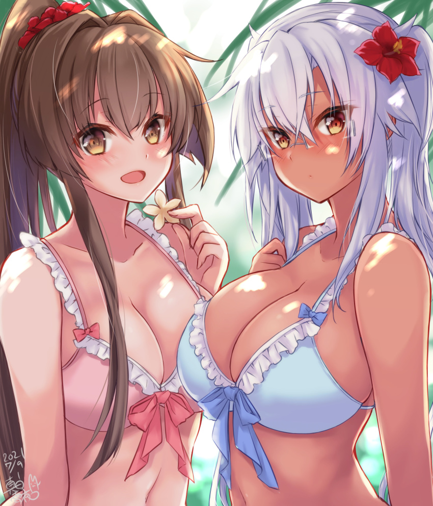 2girls absurdres alternate_costume bikini blue_bikini breasts brown_eyes brown_hair collarbone dark-skinned_female dark_skin flower front-tie_bikini front-tie_top glasses hair_between_eyes hair_flower hair_intakes hair_ornament highres kantai_collection large_breasts long_hair mashiro_yukiya medium_breasts multiple_girls musashi_(kancolle) pink_bikini ponytail remodel_(kantai_collection) sidelocks swimsuit twintails upper_body yamato_(kancolle)