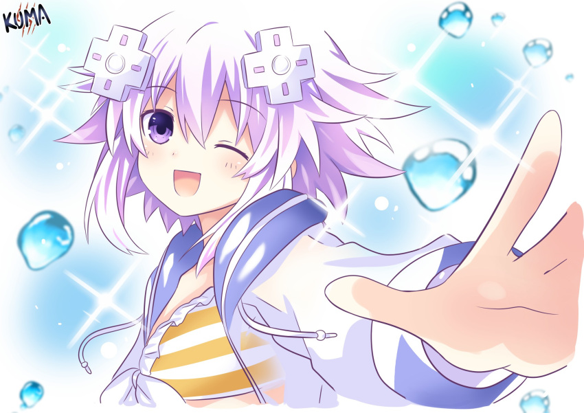 1girl d-pad d-pad_hair_ornament eyebrows_visible_through_hair hair_ornament highres jacket lewdkuma long_sleeves looking_at_viewer neptune_(neptune_series) neptune_(series) one_eye_closed open_mouth pink_hair short_hair smile solo swimsuit swimsuit_under_clothes violet_eyes white_jacket