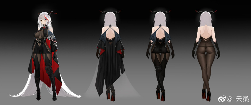 1girl absurdly_long_hair aegir_(azur_lane) ass azur_lane bare_back bare_shoulders black_cape black_footwear black_gloves bodystocking boots breast_curtains breasts cape character_sheet covered_navel demon_girl demon_horns earrings gloves high_heel_boots high_heels highres horns iron_cross jewelry knee_boots large_breasts long_hair multiple_views redhead skindentation thigh_gap thong uneven_footwear very_long_hair weibo_logo white_hair yellow_eyes yunsang