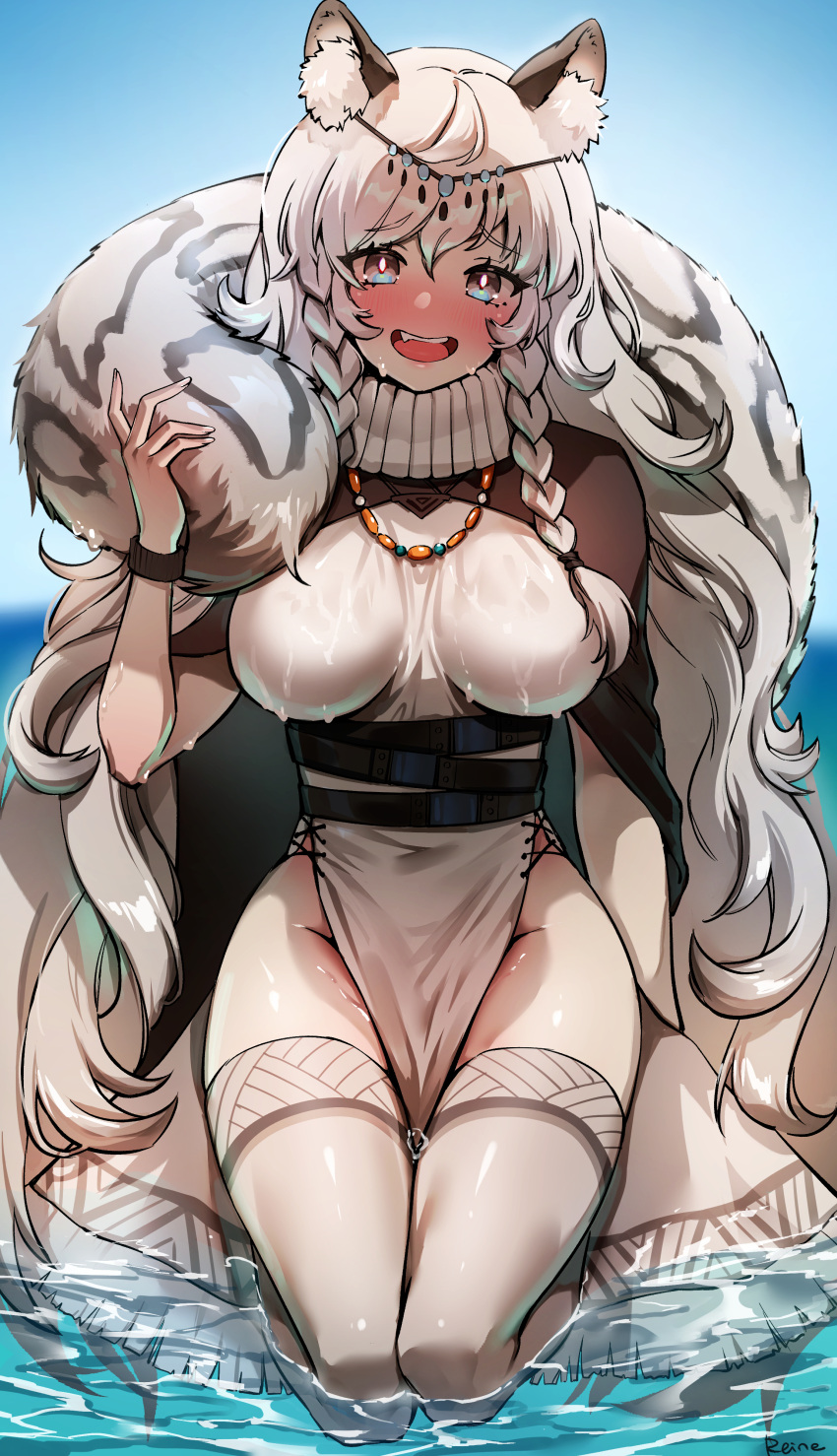 1girl :d absurdres animal_ear_fluff animal_ears arknights artist_name bangs belt blue_eyes blush braid breasts capelet commentary dress embarrassed fang foxyreine grey_eyes grey_legwear highres jewelry large_breasts large_tail leopard_ears leopard_tail long_hair looking_at_viewer multiple_belts narrow_waist necklace no_panties nose_blush open_mouth pelvic_curtain pramanix_(arknights) seiza silver_hair sitting smile solo tail tail_around_neck thigh-highs twin_braids very_long_hair water wet wide_hips