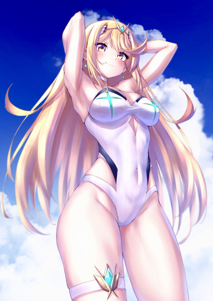 1girl absurdres bangs blonde_hair breasts gem hakusai_(hksicabb) headpiece highres large_breasts long_hair mythra_(radiant_beach)_(xenoblade) mythra_(xenoblade) one-piece_swimsuit ribbed_swimsuit solo strapless strapless_swimsuit striped swept_bangs swimsuit tiara vertical-striped_swimsuit vertical_stripes very_long_hair white_swimsuit xenoblade_chronicles_(series) xenoblade_chronicles_2 yellow_eyes