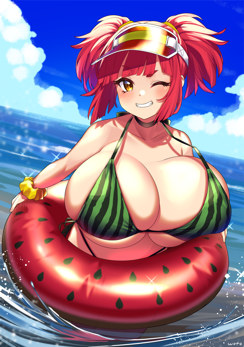 1girl absurdres bikini blush borrowed_character breasts choker clouds cloudy_sky commission dutch_angle food_print grin highres huge_breasts innertube ocean one_eye_closed original redhead skeb_commission sky smile solo swimsuit thick_eyebrows twintails visor_cap wading watermelon_print wotori yellow_eyes