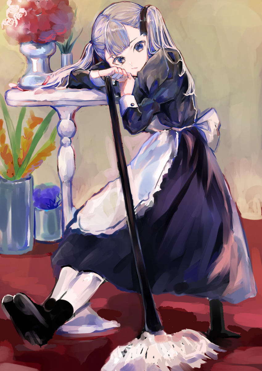 1girl absurdres apron black_dress black_legwear blue_eyes closed_mouth commentary_request dress flower frilled_apron frills full_body grey_hair highres indoors juliet_sleeves juu_ame long_hair long_sleeves maid mop no_shoes original puffy_sleeves red_flower red_rose rose sitting socks soles solo table twintails vase white_apron