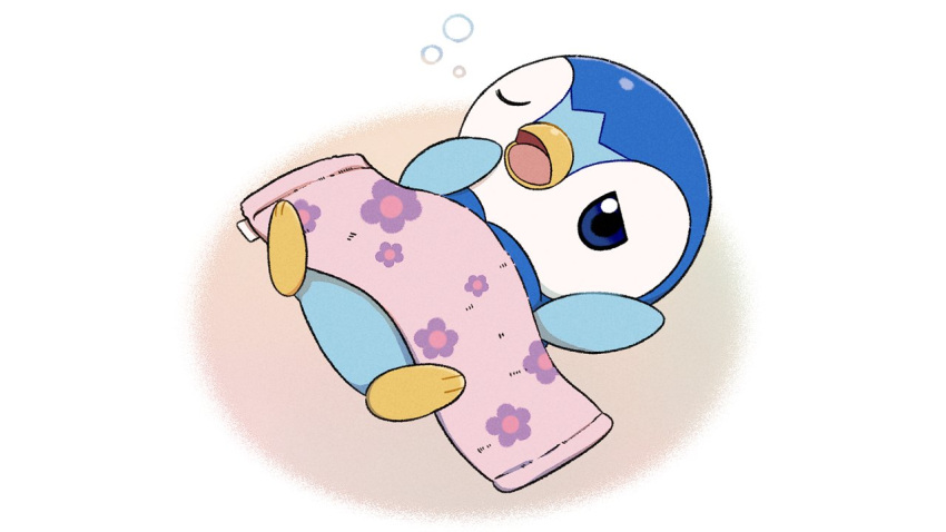 blue_eyes bubble commentary_request creature gen_4_pokemon lying no_humans official_art on_back one_eye_closed open_mouth piplup pokemon pokemon_(creature) prj_pochama solo starter_pokemon toes tongue towel