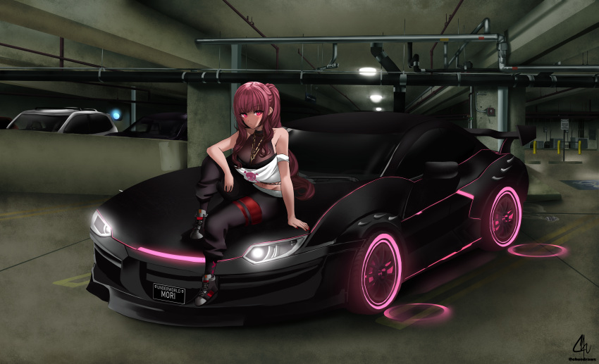 1girl absurdres bangs blush breasts car chu-e english_text fishnet_top fishnets ground_vehicle hand_on_own_leg headlight highres hololive hololive_english huge_filesize jacket jewelry knee_up large_breasts license_plate lights long_hair looking_at_viewer midriff mori_calliope motor_vehicle navel necklace off_shoulder official_alternate_costume official_alternate_hairstyle on_vehicle pants parking_garage parking_lot pink_hair ponytail red_eyes see-through sitting skull_print solo spoiler_(automobile) sports_car tire virtual_youtuber