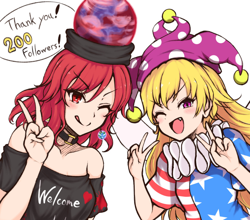 2girls american_flag_shirt bangs bare_shoulders black_choker black_headwear black_neckwear black_shirt black_sleeves blue_shirt blue_sleeves blush breasts choker closed_mouth clothes_writing clownpiece earrings earth_(ornament) eyebrows_visible_through_hair fairy_wings hair_between_eyes hand_up hands_up hat hecatia_lapislazuli highres holding jester_cap jewelry looking_at_viewer medium_breasts medium_hair moon_(ornament) multiple_girls one_eye_closed open_mouth pink_hair pink_headwear polos_crown red_eyes red_headwear red_shirt red_sleeves redhead shirt shokabatsuki short_sleeves simple_background smile star_(symbol) star_print striped striped_shirt t-shirt tongue tongue_out touhou white_background white_shirt white_sleeves wings