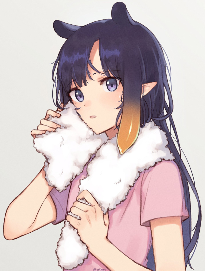 1girl alternate_costume bangs blue_eyes drying eyebrows_visible_through_hair highres holding holding_towel hololive hololive_english long_hair looking_at_viewer ninomae_ina'nis open_mouth orange_hair orinte pink_shirt pointy_ears purple_hair shirt sidelocks simple_background solo t-shirt tentacle_hair towel very_long_hair wet wet_hair white_background white_towel
