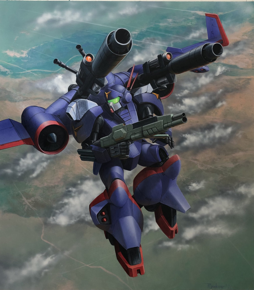 clouds d-2 flying gun highres holding holding_gun holding_weapon kikou_senki_dragonar looking_to_the_side mecha mechanical_wings no_humans official_alternate_costume open_hand ryukow_masseau science_fiction shoulder_cannon solo visor weapon wings