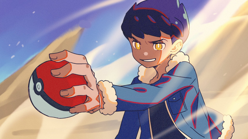 1boy bangs black_shirt blue_jacket dark-skinned_male dark_skin day fur-trimmed_jacket fur_trim highres holding holding_poke_ball hop_(pokemon) jacket long_sleeves male_focus nuime_(nuishiron) outdoors outstretched_arm parted_lips poke_ball poke_ball_(basic) pokemon pokemon_(game) pokemon_swsh purple_hair shirt short_hair sky solo yellow_eyes