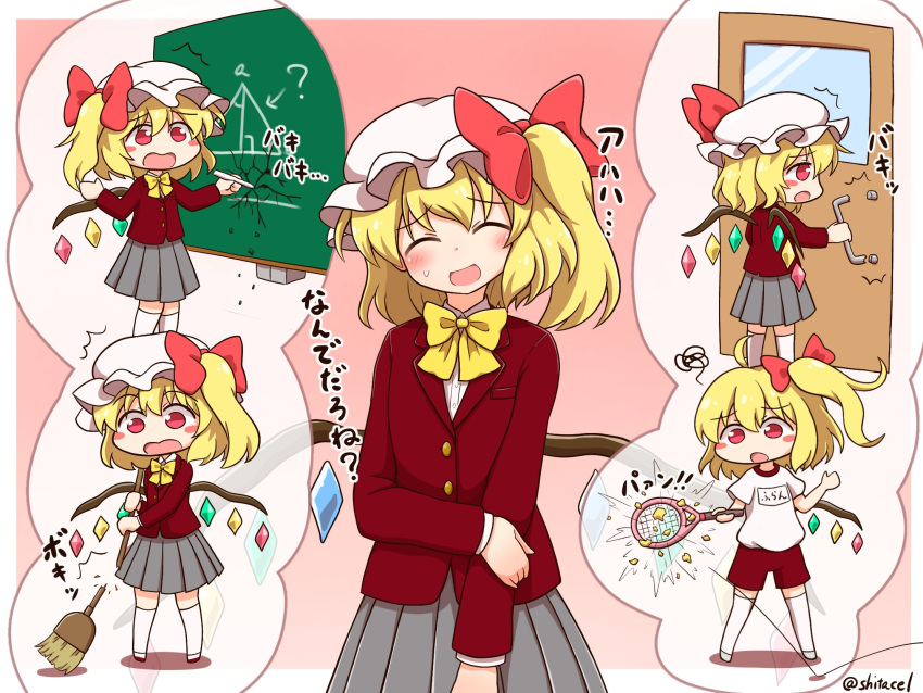 1girl alternate_costume ball bangs blonde_hair blush_stickers broom chalkboard closed_eyes crystal destruction door_handle eyebrows_visible_through_hair flandre_scarlet grey_skirt gym_uniform hat head_tilt highres holding holding_broom mob_cap nervous_smile open_mouth racket shitacemayo side_ponytail skirt solo sweatdrop tennis_ball tennis_racket touhou white_headwear white_legwear wings yellow_neckwear